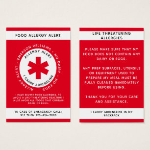 Cartão laminado de alerta de alergia à Comida ve