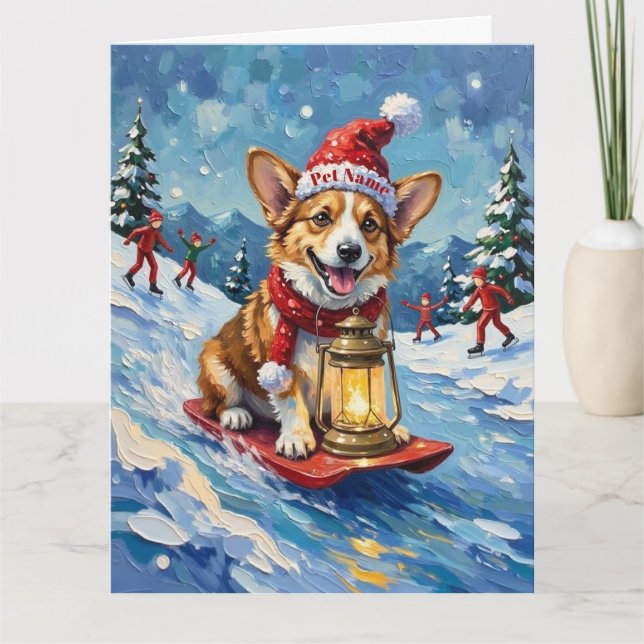 Cartão Lâmpada de Natal Corgi Ice Slider com Chapéu (Frente)