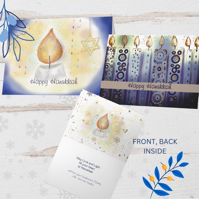 Cartão Lâmpadas Felizes Aquarela Hanukkah (Light Candles Happy Hanukkah watercolor Card)