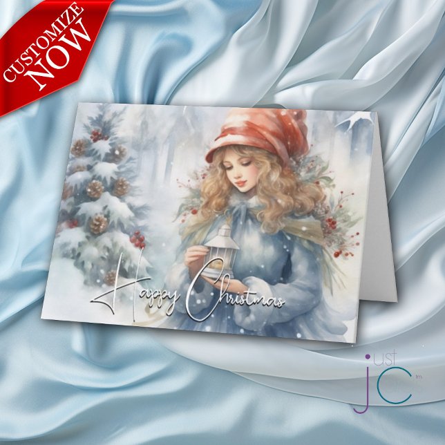 Cartão Lanterna de Aquarela Fada de Natal Feriado (Customizable text)