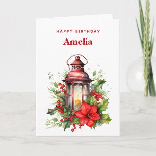 Cartão Lanterna de Natal Vermelho Poinsettia e Pine Anive