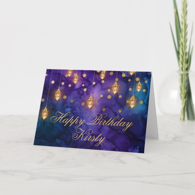Cartão Lanternas de Fada Roxo Azul Místico Aniversário Bo (Frente)
