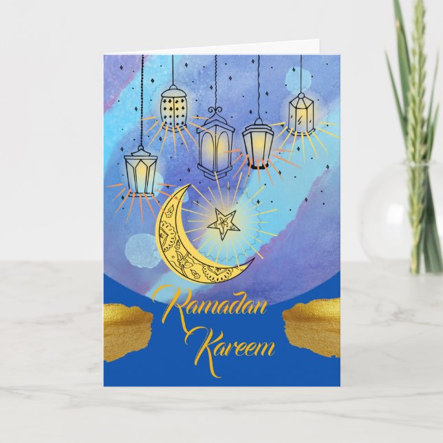 Cartão Lanternas de Ramadan Kareem à Noite (Frente)