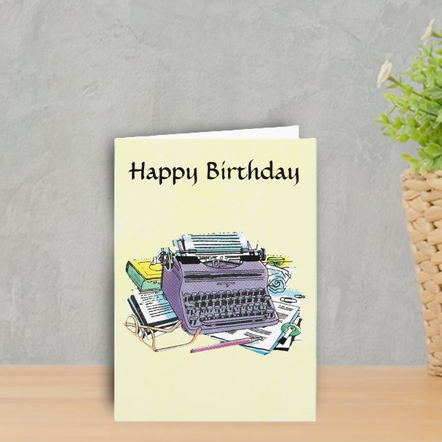 Cartão Lápis de Papel de Máquina de Escritor de Ferrament (Purple manual vintage typewriter books paper pens for writers on Happy Birthday yellow greeting card)