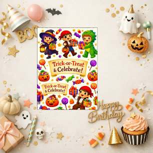 Cartão Laranja Divertido Cartoon Aniversário de Halloween