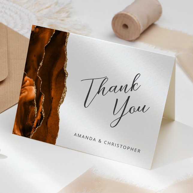 Cartão Laranja Queimado Dourado Ágata Script Casamento Ag (Criador carregado)