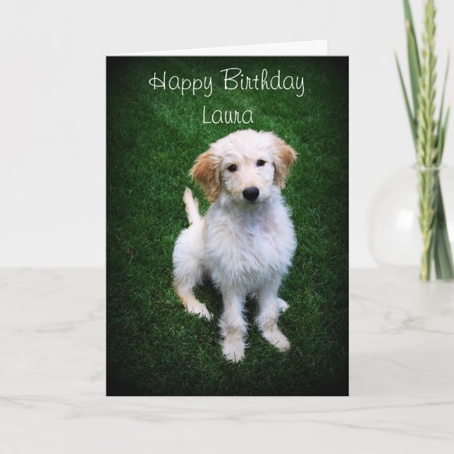 Cartão Laura Happy Birthday Ouro Doodle Puppy (Frente)