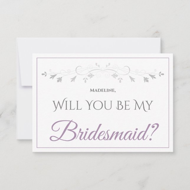 Cartão Lavanda Roxo e Cinza Ser Minha Placa De Bridesmaid (Frente)