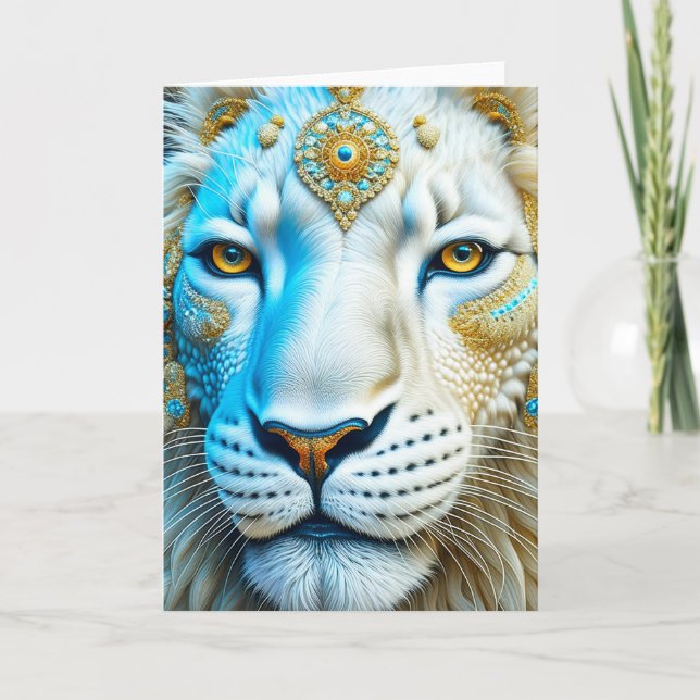 Cartão Leão Branco e Dourado Majestoso Blank (Frente)