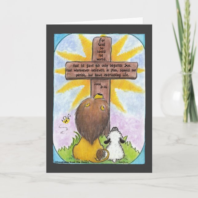 Cartão Leão e cordeiro na cruz (Frente)