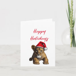 Cartão Leão Vestindo um Chapéu de Papai Noel Branco