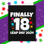 Cartão Leap Year 2024 72 Year Old 18th Leap Day Birthday<br><div class="desc">Este engraçado design de aniversário de 2024 é perfeito para um nascer de bébé de 29 de fevereiro celebrando seu aniversário real este ano de 2024! Saltos comemorando seu 72º aniversário, mas seu aniversário de 18º Dia do Salto vai adorar este design de salto divertido! Apresenta "Finalmente 18 - Leap...</div>