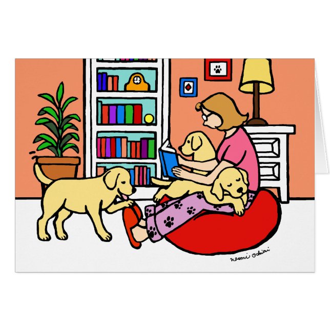 Cartão Leitura amarela da mamã de Labrador (Frente Horizontal)