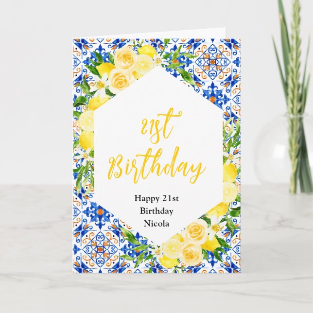 Cartão Lemons with Foliage Mediterranean Birthday (Frente)