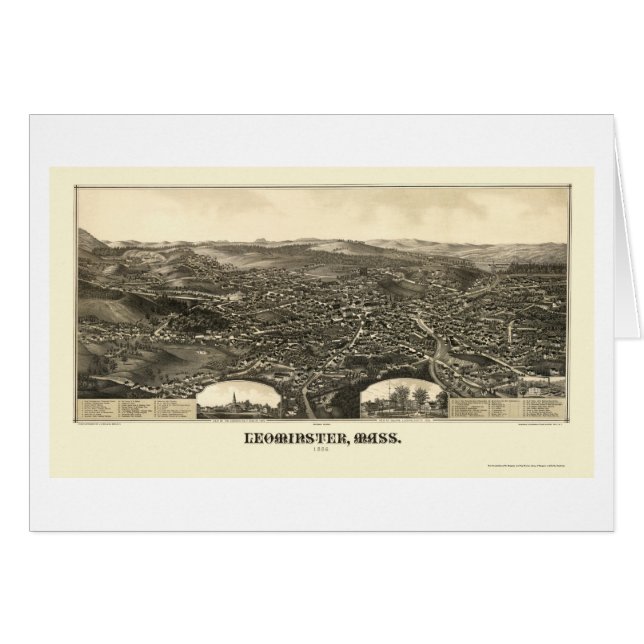 Cartão Leominster, mapa panorâmico das MÃES - 1886 (Frente Horizontal)