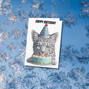 Cartão Leopardo-das-neves com chapéu de aniversário