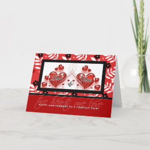 Cartão Lesbian Gay Couple Two Red Hearts Anniversary