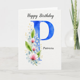 Cartão Letra P Aniversário Nome Personalizado Dela Azul M