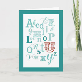 Cartão Letra U Nome inicial Alfabeto Aniversário Teal e V