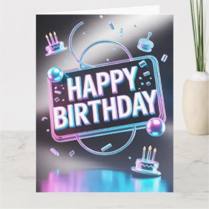Cartão Letreiro de Neon "Feliz Aniversário" 3D Futurista