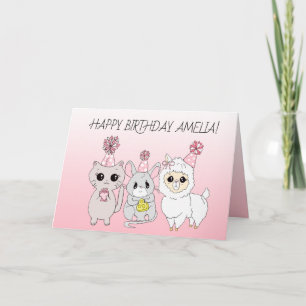 Cartão Lhama Caprichosa, Gatinho e Aniversário da Menina