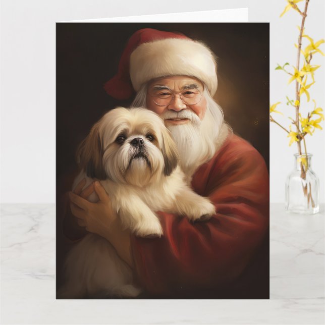 Cartão Lhasa Apso Com Papai Noel Natal Festivo (Flor Amarela)