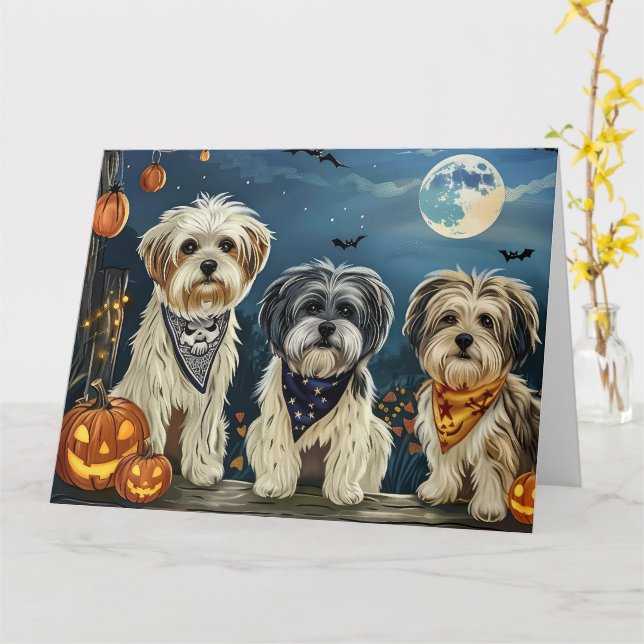 Cartão Lhasa Apso Halloween Spooky (Flor Amarela)