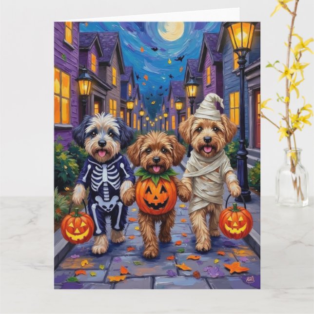Cartão Lhasa Apso Pedindo Doces com Fantasias de Hallowee (Flor Amarela)