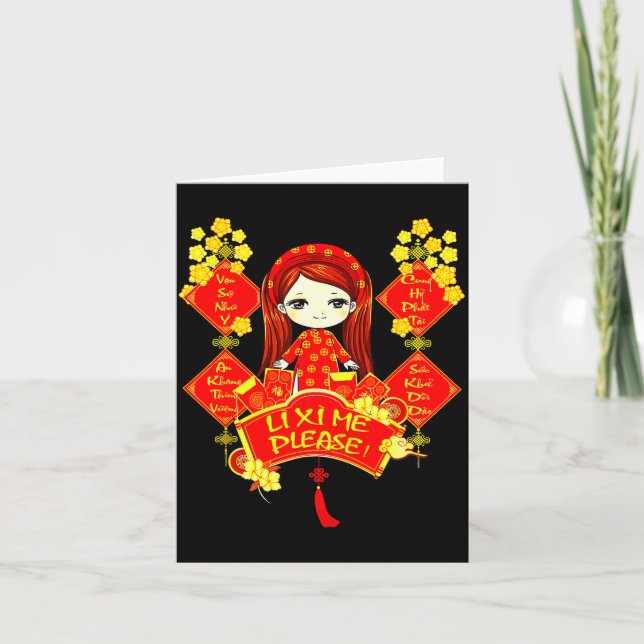 Cartão Li Xi Me Vietnamese New Year Red Cute Girl Flowers (Frente)