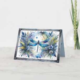 Cartão Libélula Azul Aquarela Botânica