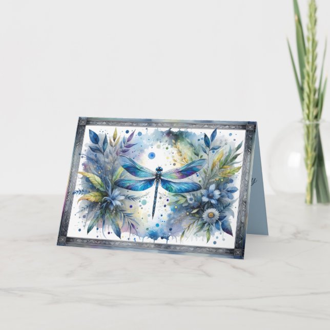 Cartão Libélula Azul Aquarela Botânica (Frente)