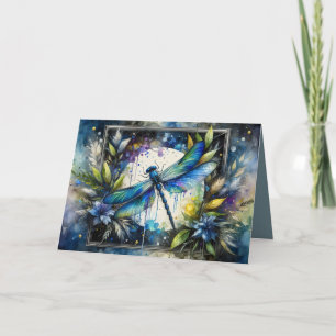 Cartão Libélula Azul Botânica Aquarela