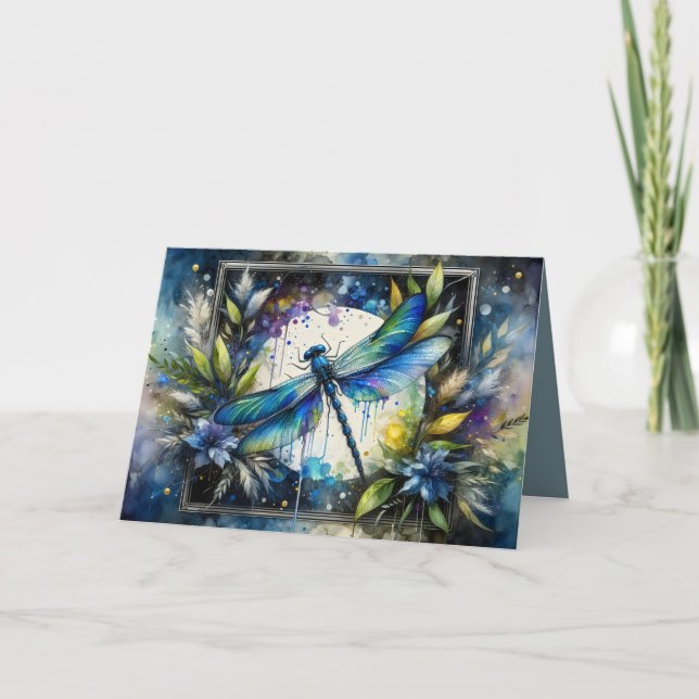 Cartão Libélula Azul Botânica Aquarela (Frente)