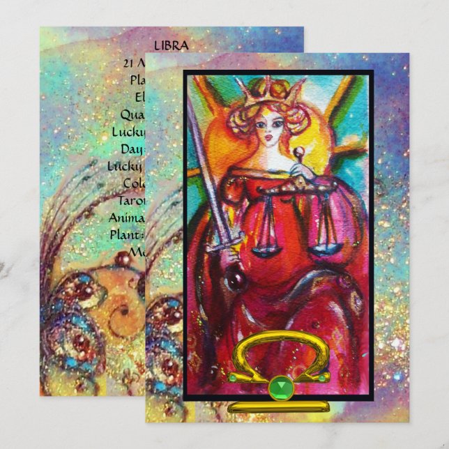 CARTÃO LIBRA, JUSTIÇA TAROT ASTROLOGY ZODIAC ANIVERSÁRIO (Frente/Verso)