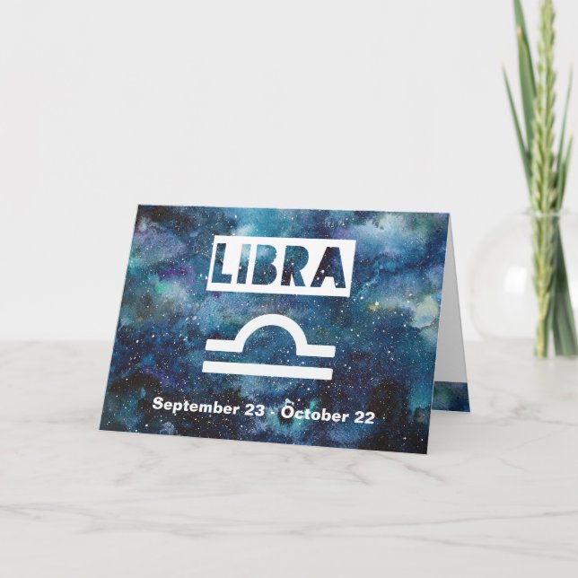 Cartão Libra Zodiac Blue Watercolor Galaxy Aniversário (Frente)