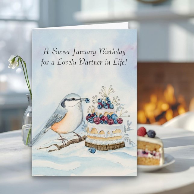 Cartão Life Partner Happy January Birthday Nuthatch  (Criador carregado)