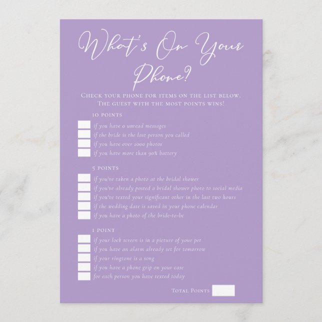 Cartão Lilac Purple What's On Your Phone Bridal Shower (Frente)