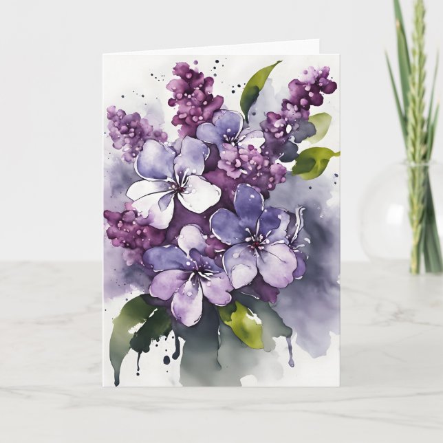 Cartão Lilás - Flores aquarela (Frente)
