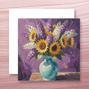 Cartão Lilases e Girassóis Design Botânico em Branco