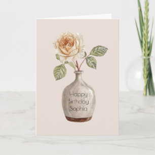 Cartão Linda Flor de Rosa Bege em Vaso de Aniversário