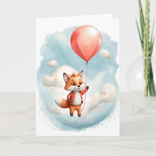 Cartão Linda raposa pequena aquarela balão vermelho grand