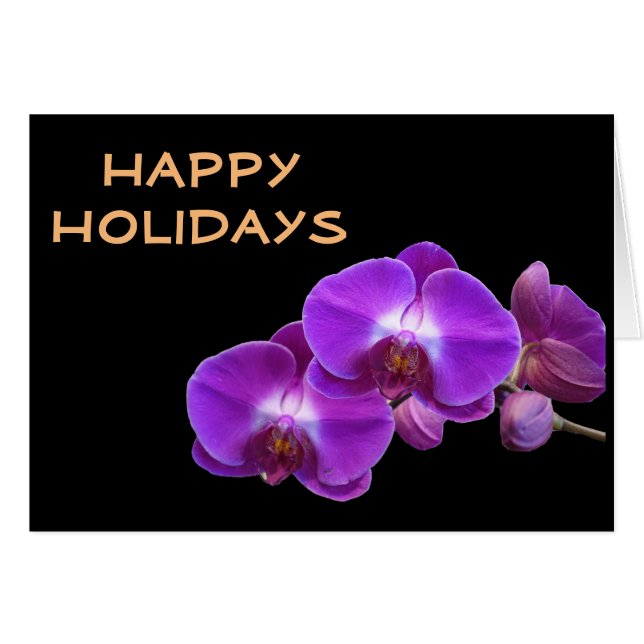 Cartão Lindas flores roxas, orquídeas felizes feriados (Frente Horizontal)