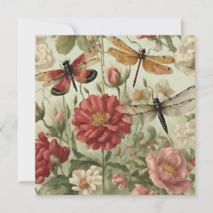 Cartão Lindas Flores Vintage e Dragonflies