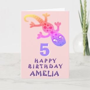 Cartão Lindas Meninas Lagartixa Gecko Rosa Feliz Aniversá