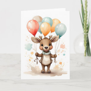 Cartão Lindo Alce Aquarela Balões Amarelos Verdes Branco