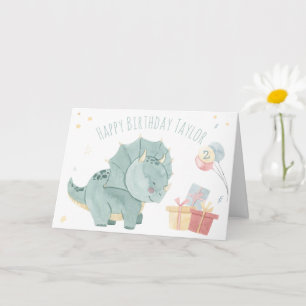 Cartão Lindo Aniversário Aquarela Dinossauro Dois Anos