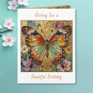 Cartão Lindo Aniversário Borboleta e Flores em Impasto