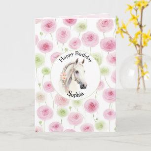 Cartão Lindo Aniversário de Cavalo com Ranúnculo Rosa e H