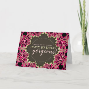 Cartão Lindo Aniversário Fractal em Rosa Quente e Luxuoso