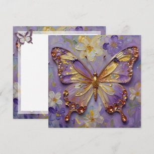 Cartão Lindo Borboleta Roxo e Flores em Branco